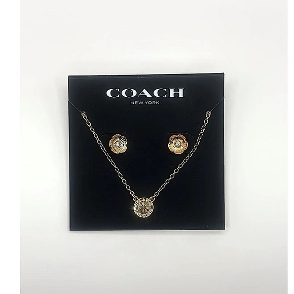 Coach Open Circle Necklace Tea Rose Stud Earrings Set NWT - Picture 1 of 4